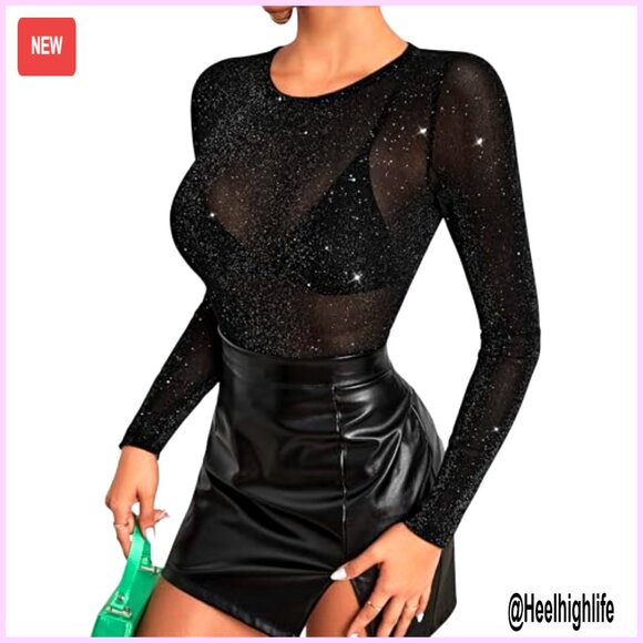 Long Sleeve Sheer Glitter Mesh Top Women's Blouse Clubwear - Picture 3 of 7